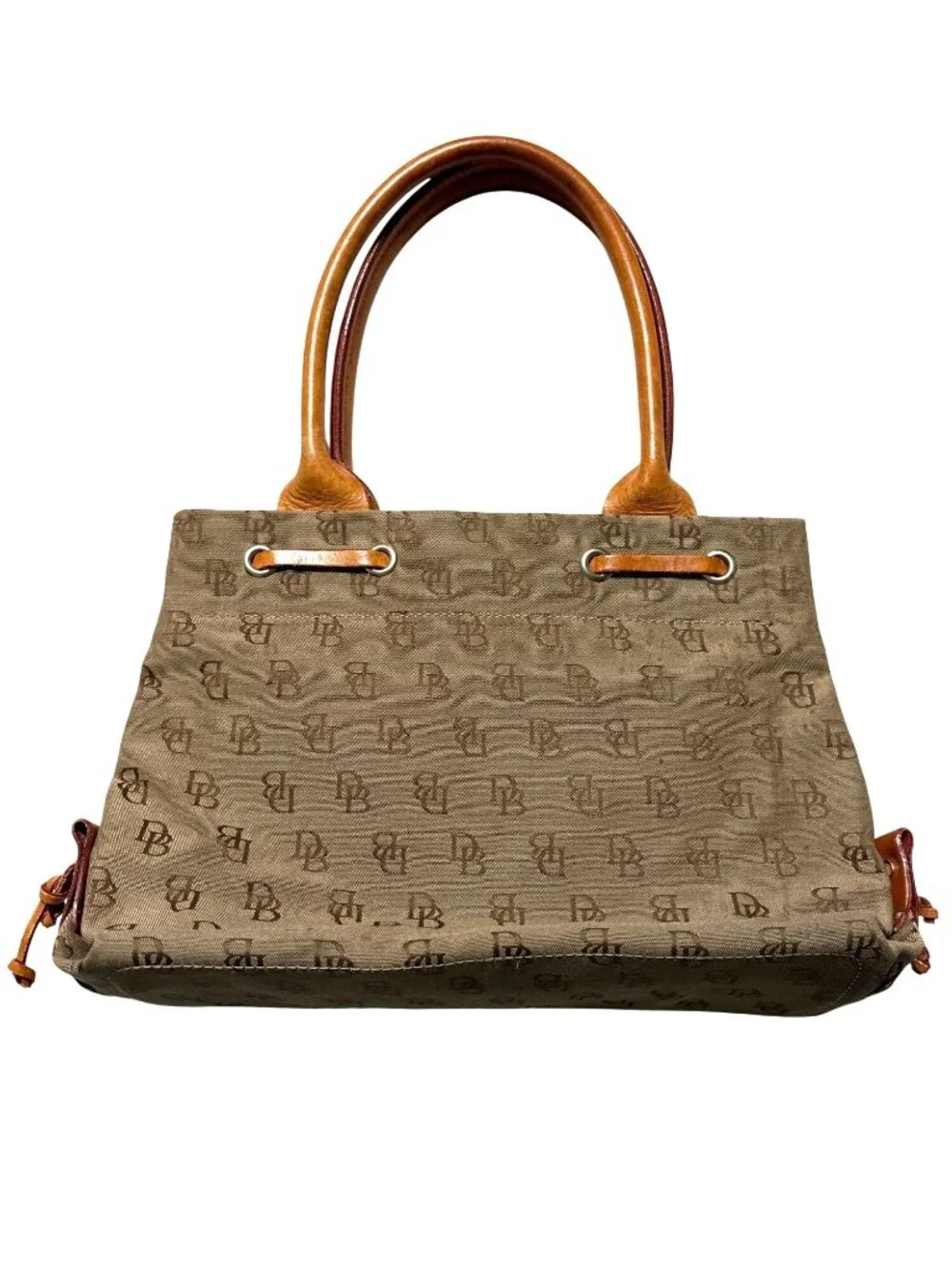 Dooney & Bourke Monogram Canvas Tote Beige/Brown Leather Handles & Tassel 11